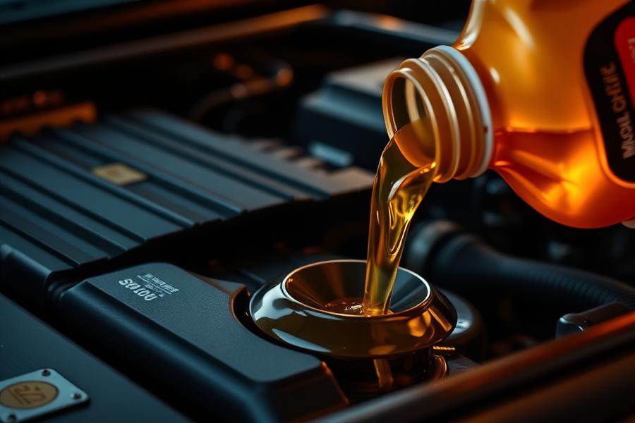 Nalévání motorového oleje do motoru automobilu